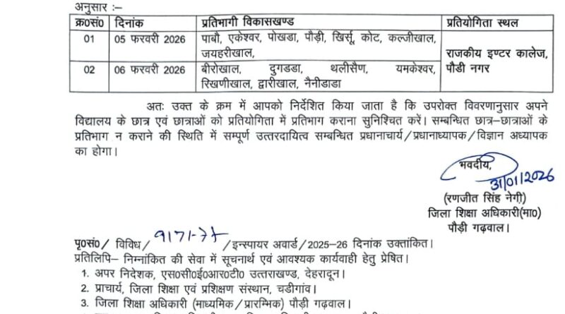इंस्पायर अवार्ड योजना 2026: जनपद स्तरीय विज्ञान प्रदर्शनी व प्रोजेक्ट प्रतियोगिता 5–6 फरवरी को पौड़ी में