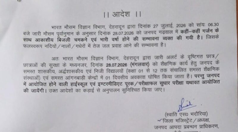 भारी बारिश के अलर्ट पर पौड़ी में 28 जुलाई को सभी स्कूल और आंगनबाड़ी केंद्र बंद