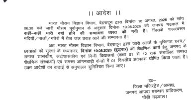 भारी बारिश के अलर्ट के चलते पौड़ी में 19 अगस्त को सभी स्कूल और आंगनबाड़ी केंद्र बंद