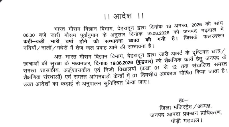 भारी बारिश के अलर्ट के चलते पौड़ी में 19 अगस्त को सभी स्कूल और आंगनबाड़ी केंद्र बंद